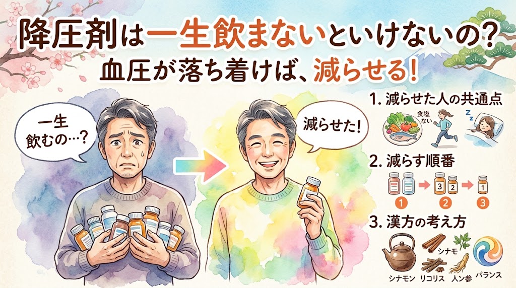 降圧剤の減薬について解説する動画のサムネイル画像。左側には沢山の薬の瓶を抱えて「一生飲むの…?」と不安げな男性のイラスト。中央の矢印を挟んで、右側には薬が1瓶に減り「減らせた!」と笑顔になっている同じ男性が描かれています。右端には減薬できた人の共通点(食事、運動、睡眠の図解)、薬を減らす順番(ボトルの数が減っていく図解)、漢方の考え方(急須や生薬のイラスト)がまとめられています。画面上部に「降圧剤は一生飲まないといけないの?血圧が落ち着けば、減らせる!」というテキストが配置された水彩画タッチの画像です。