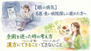水彩画タッチのイラスト。左側にはスマホで「名医・良い病院」を検索し続け、疲れ果てて頭を抱える女性が描かれています。右側には、夕日を背景に漢方のお茶を飲みながらリラックスした表情の女性と、生薬が描かれています。画像には「【眼の病気】名医・良い病院探しに疲れた方へ 手術を迷った時の考え方 漢方にできること・できないこと」という文字が配置されています。