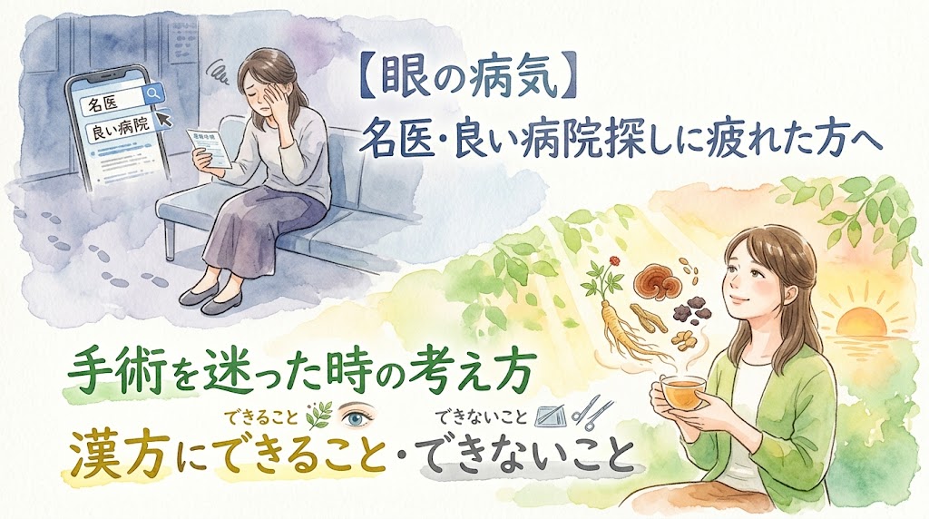 水彩画タッチのイラスト。左側にはスマホで「名医・良い病院」を検索し続け、疲れ果てて頭を抱える女性が描かれています。右側には、夕日を背景に漢方のお茶を飲みながらリラックスした表情の女性と、生薬が描かれています。画像には「【眼の病気】名医・良い病院探しに疲れた方へ 手術を迷った時の考え方 漢方にできること・できないこと」という文字が配置されています。
