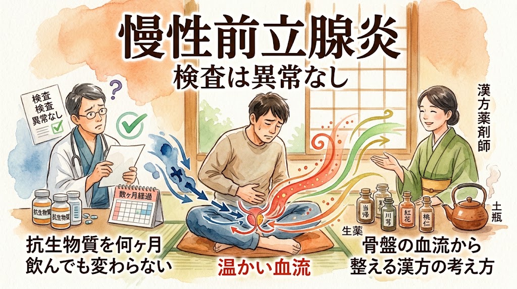 「慢性前立腺炎 検査は異常なし 抗生物質を何ヶ月飲んでも変わらない 骨盤の血流から整える漢方の考え方」というタイトル文字。異常なしと診断する医師と下腹部を抱える男性に対し、漢方薬剤師の女性と、骨盤へ向かう温かい血流のイメージ、生薬が入った小瓶が水彩画風に描かれています。