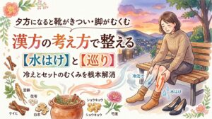 水彩画風のサムネイル。「夕方になると靴がきつい・脚がむくむ 漢方の考え方で整える【水はけ】と【巡り】」というテキスト。夕暮れ時の公園のベンチに座り、脚の冷えとむくみに悩む女性のイラスト。脚には冷えが下がり、水はけを促す矢印が描かれている。左下には漢方薬を煮出す土瓶と、当帰や芍薬などの生薬のイラスト。