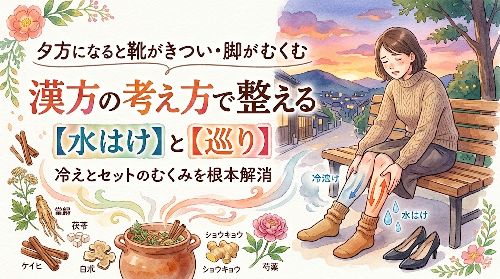 水彩画風のサムネイル。「夕方になると靴がきつい・脚がむくむ 漢方の考え方で整える【水はけ】と【巡り】」というテキスト。夕暮れ時の公園のベンチに座り、脚の冷えとむくみに悩む女性のイラスト。脚には冷えが下がり、水はけを促す矢印が描かれている。左下には漢方薬を煮出す土瓶と、当帰や芍薬などの生薬のイラスト。