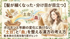 水彩画風のサムネイル。「【髪が細くなった・分け目が目立つ】ホルモンと年齢の変化に負けない『土台』と『血』を整える漢方の考え方」というテキスト。ふんわりとした髪に手を当てて優しく微笑む女性のイラスト。左側には土瓶から立ち昇る湯気と生薬が描かれ、気血の巡りを表す虹色の帯が女性へと向かっている。