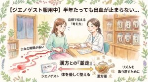 水彩画風のサムネイル。「【ジエノゲスト服用中】半年たっても出血が止まらない…」というテキスト。漢方薬局の店頭で、不安そうな女性の相談に笑顔で乗る薬剤師のイラスト。左下には長引く出血を思わせる赤い波線とジエノゲストの薬箱が描かれている。右下には「漢方との『並走』体を優しく整える」というテキストと共に、漢方薬の瓶が並ぶ棚や土瓶、当帰・芍薬・桂皮などの生薬のイラストが描かれている。