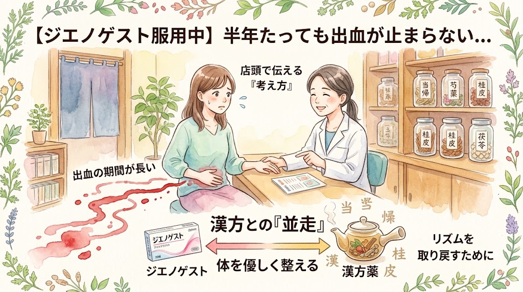 水彩画風のサムネイル。「【ジエノゲスト服用中】半年たっても出血が止まらない…」というテキスト。漢方薬局の店頭で、不安そうな女性の相談に笑顔で乗る薬剤師のイラスト。左下には長引く出血を思わせる赤い波線とジエノゲストの薬箱が描かれている。右下には「漢方との『並走』体を優しく整える」というテキストと共に、漢方薬の瓶が並ぶ棚や土瓶、当帰・芍薬・桂皮などの生薬のイラストが描かれている。