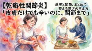 「【乾癬性関節炎】皮膚と関節、まとめて整える漢方の考え方『皮膚だけでも辛いのに、関節まで』」というテキストが書かれた水彩画風のサムネイル画像。左側には皮膚の赤みと関節の痛みに顔をしかめて苦しむ女性、右側にはその女性の背中を優しく撫でる人物と漢方薬のセットが描かれ、皮膚と関節の二重の辛さをまとめて整える漢方のサポートが表現されています。