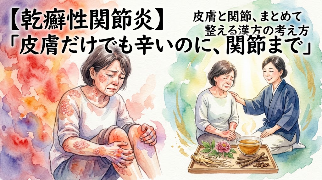 「【乾癬性関節炎】皮膚と関節、まとめて整える漢方の考え方『皮膚だけでも辛いのに、関節まで』」というテキストが書かれた水彩画風のサムネイル画像。左側には皮膚の赤みと関節の痛みに顔をしかめて苦しむ女性、右側にはその女性の背中を優しく撫でる人物と漢方薬のセットが描かれ、皮膚と関節の二重の辛さをまとめて整える漢方のサポートが表現されています。