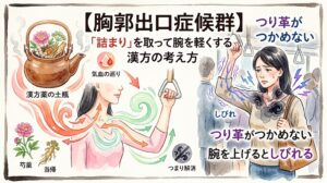 水彩画風のサムネイル。「【胸郭出口症候群】『詰まり』を取って腕を軽くする漢方の考え方」などのテキスト。右側には電車内で腕がしびれてつり革がつかめない女性のイラスト。左側には気血の巡りを表す赤と緑の矢印が描かれた女性の上半身の図と、漢方薬の土瓶、芍薬や当帰などの生薬が配置されている。