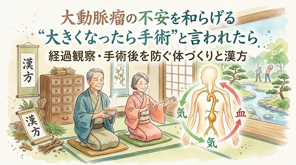 「大動脈瘤の不安を和らげる “大きくなったら手術”と言われたら 経過観察・手術後を防ぐ体づくりと漢方」というタイトル文字。和室で漢方薬を飲む高齢男性と寄り添う女性を中心に、大動脈と「気」「血」の巡りを示す人体図、薬箪笥、漢方生薬、そして背景には庭園で体操をする人々の様子が水彩画風の落ち着いたタッチで描かれています。