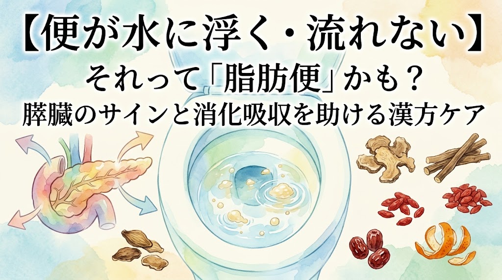 「水彩画風の健康情報サムネイル。上部には『【便が水に浮く・流れない】それって「脂肪便」かも？膵臓のサインと消化吸収を助ける漢方ケア』という大きなテキストがある。中央には水面に物が浮いているトイレのイラストがあり、脂肪便の状態を視覚的に表現している。その左には強調された膵臓の内臓図、右にはクコの実やシナモン、生姜などの漢方生薬のイラストが描かれている。」