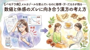 水彩画風のイラスト。左側には、汗を拭い胸を押さえて苦しむ女性と、薬瓶「メルカゾール」、そして血液検査の「数値」を示すグラフが描かれている。グラフは下降しているが、女性の「体感」は赤い波線で辛さが表現されている。中央の矢印は、穏やかに薬剤師から漢方薬を受け取る女性へと向かう。背景には人参や霊芝などの生薬と、湯気の立つ漢方薬のカップが描かれている。トップのテキスト「【バセドウ病】メルカゾールを飲んでいるのに動悸・汗・だるさが残る——」と、大きなタイトルテキスト「数値と体感のズレに向き合う漢方の考え方」。バセドウ病の数値と症状のギャップと漢方のアプローチを示すサムネイル。