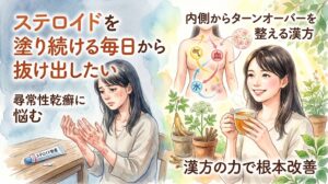 「ステロイドを塗り続ける毎日から抜け出したい 尋常性乾癬に悩む」「内側からターンオーバーを整える漢方」「漢方の力で根本改善」というテキストとともに、ステロイド軟膏のそばで手の荒れを見て思い悩む女性、気・血・水の巡りを示す人体の図、そして生薬の鉢植えの横でリラックスして漢方薬を飲む笑顔の女性が描かれた水彩画風のサムネイル画像。