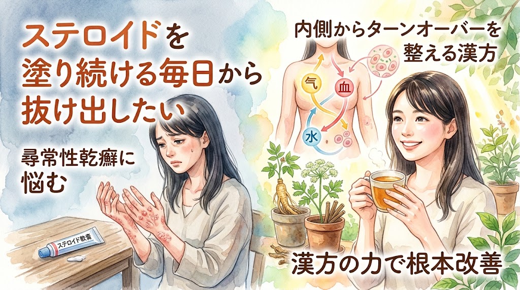 「ステロイドを塗り続ける毎日から抜け出したい 尋常性乾癬に悩む」「内側からターンオーバーを整える漢方」「漢方の力で根本改善」というテキストとともに、ステロイド軟膏のそばで手の荒れを見て思い悩む女性、気・血・水の巡りを示す人体の図、そして生薬の鉢植えの横でリラックスして漢方薬を飲む笑顔の女性が描かれた水彩画風のサムネイル画像。