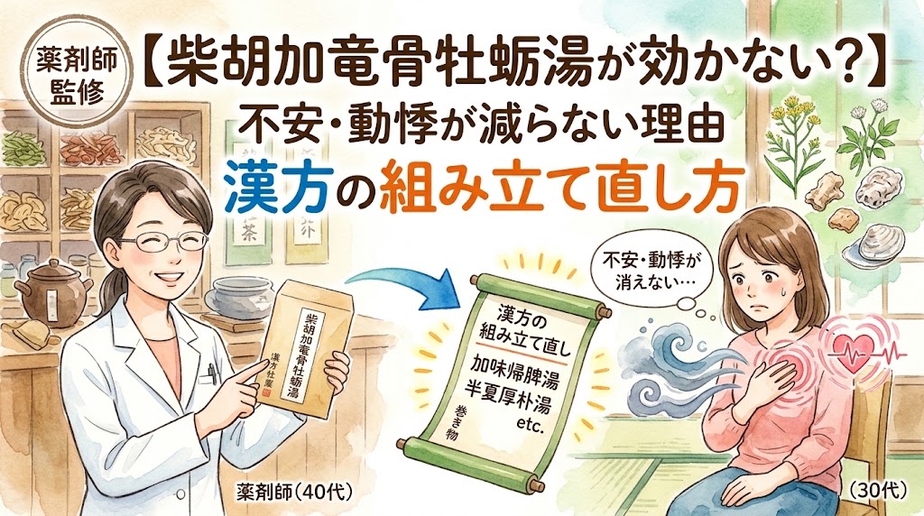 温かみのある水彩画風のイラストで構成されています。 上部にはタイトル「【薬剤師監修】柴胡加竜骨牡蛎湯が効かない?不安・動悸が減らない理由」と、中央に大きくキャッチコピー「漢方の組み立て直し方」と書かれています。左上には「薬剤師監修」という円形のシールがあります。 左側には、笑顔でアドバイスする女性薬剤師(40代、メガネ着用、白衣)がおり、彼女の後ろの棚には漢方薬の入った壺や鉢が並んでいます。薬剤師は、手にした「柴胡加竜骨牡蛎湯」の顆粒パッケージ(漢方生薬の文字あり)を指さしています。 右側には、不安そうにつらそうに座っている女性(30代)がおり、彼女の胸元の心臓が波打ち、不安の渦巻き模様が描かれています。「不安・動悸が消えない…」という吹き出しと、上部に柴胡加竜骨牡蛎湯の生薬(柴胡、竜骨、牡蛎など)のイラストがあります。 中央には、薬剤師から矢印が伸び、その先に「巻き物(漢方の組み立て直し)」が開かれています。巻き物には「加味帰脾湯」「半夏厚朴湯」「etc.」と書かれており、柴胡加竜骨牡蛎湯が効かない場合の別の漢方薬を提案しているような構図です。 全体的に和風の落ち着いた色調です。