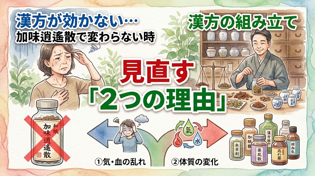 水彩画風のイラスト。左側にはホットフラッシュで汗を拭う悩める中年女性と、バツ印がつけられた加味逍遙散のボトルが描かれている。右側には、漢方を調合する薬剤師と、様々な漢方薬のボトルが並ぶ。中央のテキスト「見直す『2つの理由』」の下には、理由を説明する2つの矢印がある。左の矢印は頭を抱える女性とテキスト「①気・血の乱れ」。右の矢印は気血水の循環図とテキスト「②体質の変化」。全体的なタイトルテキストは「漢方が効かない… 加味逍遙散で変わらない時」と「漢方の組み立て」。ホットフラッシュに加味逍遙散が効かない原因と、新たな漢方のアプローチを示唆するサムネイル。