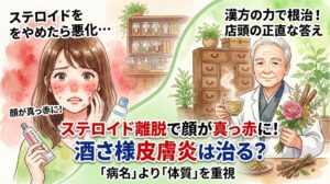 「ステロイドをやめたら悪化… 顔が真っ赤に!」「ステロイド離脱で顔が真っ赤に!酒さ様皮膚炎は治る?『病名』より『体質』を重視」「漢方の力で根治!店頭の正直な答え」というテキストとともに、顔の強い赤みにショックを受ける女性とステロイド軟膏、そして百味箪笥(薬棚)の前で生薬を手に持ち優しく微笑むベテランの男性漢方家が描かれた水彩画風のサムネイル画像。