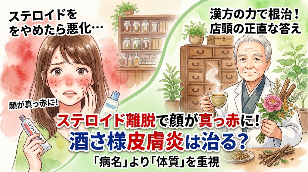 「ステロイドをやめたら悪化… 顔が真っ赤に!」「ステロイド離脱で顔が真っ赤に!酒さ様皮膚炎は治る?『病名』より『体質』を重視」「漢方の力で根治!店頭の正直な答え」というテキストとともに、顔の強い赤みにショックを受ける女性とステロイド軟膏、そして百味箪笥(薬棚)の前で生薬を手に持ち優しく微笑むベテランの男性漢方家が描かれた水彩画風のサムネイル画像。