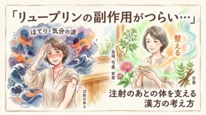 「リュープリンの副作用がつらい…」ほてり・気分の波と、注射のあとの体を支える漢方の考え方。水彩画風のイラスト。左側には、腕の注射のあとを押さえながら、突然のほてりや気分の波(荒れた波や暗い雲)に苦しむ女性。右側には、当帰、芍薬、甘草などの生薬とともに、温かいお茶を飲んで心身が整い、穏やかな表情を取り戻した女性が描かれています。