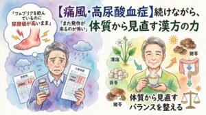 痛風・高尿酸血症の悩みをテーマにした水彩画風サムネイル。左側には尿酸値の高さや痛風発作への不安を抱える男性と薬の瓶、右側には漢方を取り入れ、穏やかな表情でお茶を飲みながら体質改善に取り組む男性が描かれています。「フェブリクを飲んでいるのに尿酸値が高いまま」「体質から見直す漢方の力」などのテキストが配置されています。