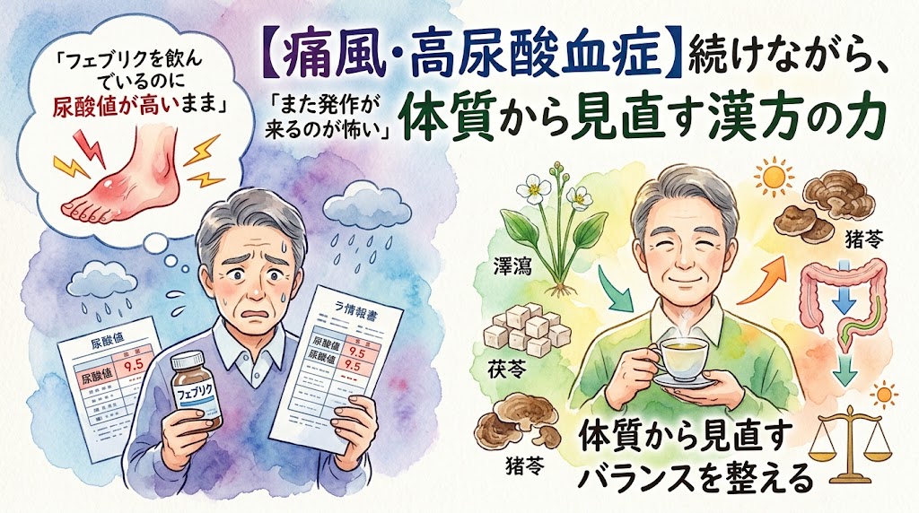 痛風・高尿酸血症の悩みをテーマにした水彩画風サムネイル。左側には尿酸値の高さや痛風発作への不安を抱える男性と薬の瓶、右側には漢方を取り入れ、穏やかな表情でお茶を飲みながら体質改善に取り組む男性が描かれています。「フェブリクを飲んでいるのに尿酸値が高いまま」「体質から見直す漢方の力」などのテキストが配置されています。