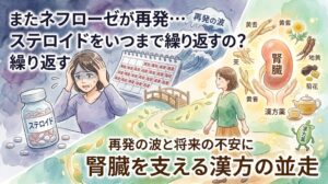 「またネフローゼが再発…ステロイドをいつまで繰り返すの？ 再発の波と将来の不安に 腎臓を支える漢方の並走」というテキストが書かれた水彩画風のサムネイル画像。左側には大量のステロイド薬と「再発」が続くカレンダーを前に頭を抱える女性、右側には腎臓のイラストや様々な生薬（黄耆、地黄など）が描かれ、荒波から穏やかな道へと歩みを進めるような漢方の並走が表現されています。