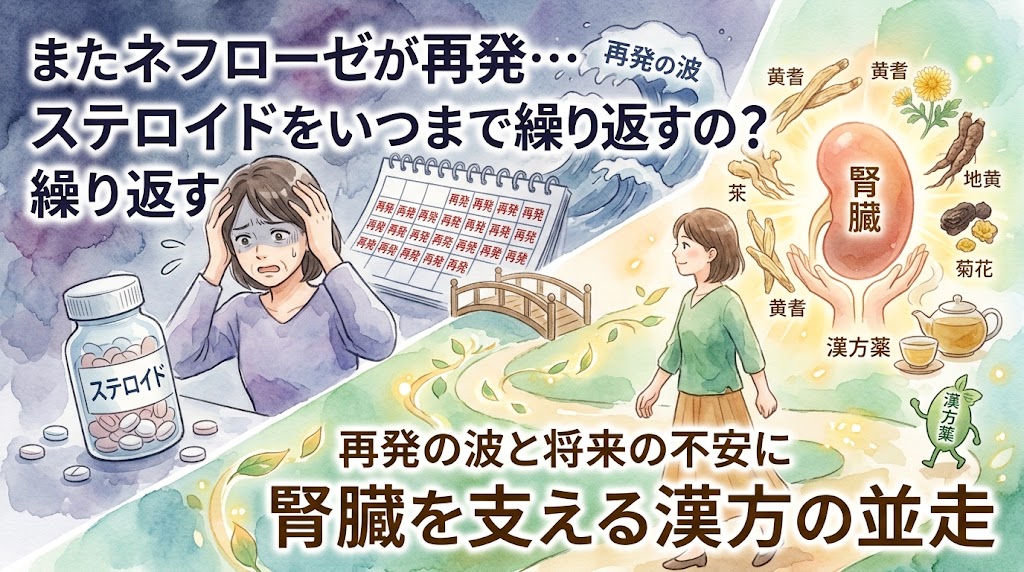 「またネフローゼが再発…ステロイドをいつまで繰り返すの? 再発の波と将来の不安に 腎臓を支える漢方の並走」というテキストが書かれた水彩画風のサムネイル画像。左側には大量のステロイド薬と「再発」が続くカレンダーを前に頭を抱える女性、右側には腎臓のイラストや様々な生薬(黄耆、地黄など)が描かれ、荒波から穏やかな道へと歩みを進めるような漢方の並走が表現されています。