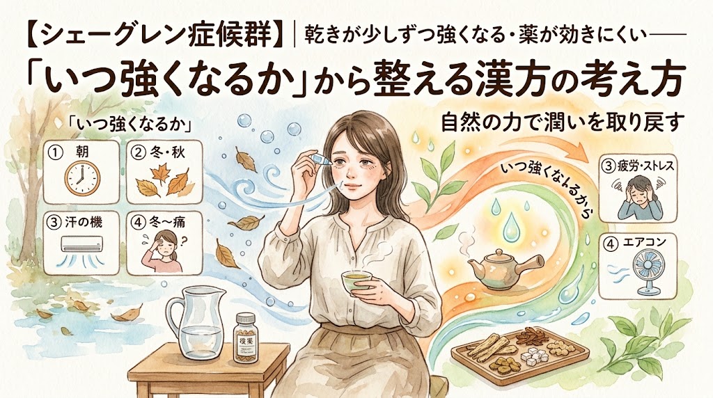 水彩画風のサムネイル。「【シェーグレン症候群】乾きが少しずつ強くなる・薬が効きにくい——『いつ強くなるか』から整える漢方の考え方」というテキスト。お茶を飲みながら潤いを取り戻している女性のイラスト。周囲には朝、秋冬、エアコン、疲労・ストレスなど、症状が強くなるタイミングを示すアイコンと、生薬や土瓶、潤いを表す水滴が描かれている。