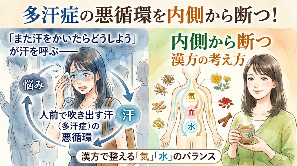 多汗症(吹き出す汗)の悪循環と漢方による解決を対比する、温かみのある水彩画風のサムネイル画像。上部には「『また汗をかいたらどうしよう』が汗を呼ぶ——人前で吹き出す汗(多汗症)の悪循環」というタイトルテキスト。画像は中央で分割され、左側には焦り、汗ばんだ顔で「また汗を…」と不安げに悩む女性と、冷たい青色やグレーの渦巻きで表現されたプレッシャーの背景。右側には、穏やかで晴れやかな笑顔の女性と「内側から断つ漢方の考え方」というテキスト、そしてシナモン、クコ、ハスの葉などの和漢生薬と、気の流れや水の循環を示す温かい金色や水色の波、青空の健康的な背景が描かれている。中央下部には「漢方で「気」「水」のバランスを整える」というサブタイトルテキストがある。