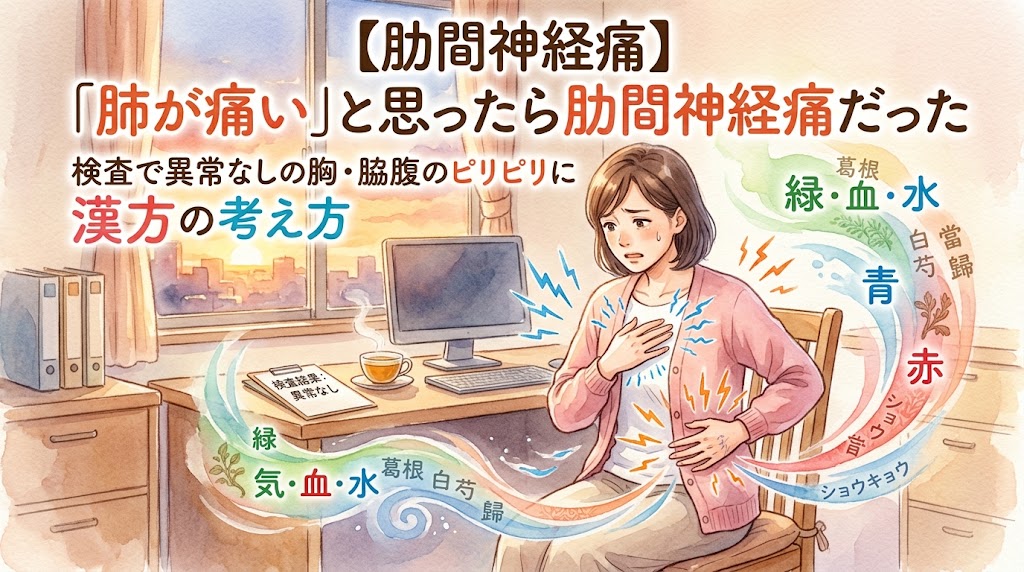 水彩画風のサムネイル。「【肋間神経痛】『肺が痛い』と思ったら肋間神経痛だった 検査で異常なしの胸・脇腹のピリピリに漢方の考え方」というテキスト。デスクワーク中に胸や脇腹のピリピリとした痛みに顔をしかめる女性のイラスト。デスクには「検査結果:異常なし」の紙。周囲には「気・血・水」の文字や、生薬の名前が書かれた気の流れを表すエフェクトが描かれている。