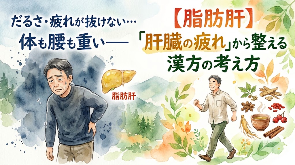 水彩画タッチのイラスト。左側には、どんよりとした暗い背景の中、だるそうに腰を押さえて疲れ切った表情の男性と、黄色い脂肪肝のイラストが描かれています。右側には、漢方の生薬や温かいお茶に囲まれ、明るい表情で元気に歩く男性が対比的に描かれています。画像には「だるさ・疲れが抜けない…体も腰も重い——【脂肪肝】『肝臓の疲れ』から整える漢方の考え方」という文字が配置されています。