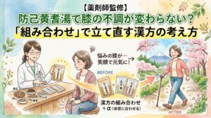 「【薬剤師監修】防己黄耆湯で膝の不調が変わらない?『組み合わせ』で立て直す漢方の考え方」というタイトルのYouTubeサムネイル画像。左側には薬剤師の女性が防己黄耆湯や生薬(黄耆、白朮など)を前に説明している様子。中央には「BEFORE」として膝を痛がっている女性、「AFTER」として桜と富士山を背景に笑顔でハイキングをする元気な女性が描かれている。その間に「漢方の組み合わせ+α(体質に合わせる)」として、防己黄耆湯に五苓散や芍薬甘草湯を組み合わせるイメージ図が配置されている。全体的に温かみのある水彩画風のタッチ。