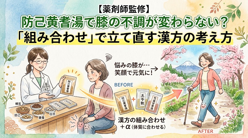 「【薬剤師監修】防己黄耆湯で膝の不調が変わらない?『組み合わせ』で立て直す漢方の考え方」というタイトルのYouTubeサムネイル画像。左側には薬剤師の女性が防己黄耆湯や生薬(黄耆、白朮など)を前に説明している様子。中央には「BEFORE」として膝を痛がっている女性、「AFTER」として桜と富士山を背景に笑顔でハイキングをする元気な女性が描かれている。その間に「漢方の組み合わせ+α(体質に合わせる)」として、防己黄耆湯に五苓散や芍薬甘草湯を組み合わせるイメージ図が配置されている。全体的に温かみのある水彩画風のタッチ。