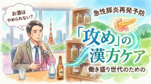 「急性膵炎再発予防」をテーマにした、水彩画風のサムネイルイラスト。左側にスーツ姿の男性が「お酒はやめられない?」と悩む様子と酒瓶が描かれ、右側には「『攻め』の漢方ケア」という大きなタイトルと、漢方薬、光る膵臓のイラストが配置されている。右下には「働き盛り世代のための」とある。