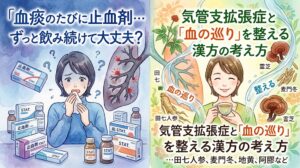 水彩画調のサムネイル画像。左側は青い背景で、ティッシュを口元に当てて不安そうな女性、赤い斑点がある肺のイラスト、山積みの止血剤の箱や瓶が描かれ、「『血痰のたびに止血剤…ずっと飲み続けて大丈夫？』」と書かれています。右側は明るい緑色の背景で、穏やかな表情で漢方茶を飲む女性、健康的な肺、田七人参や霊芝などの生薬のイラストが配置され、「気管支拡張症と『血の巡り』を整える 漢方の考え方 …田七人参、麦門冬、地黄、阿膠など」と書かれています。