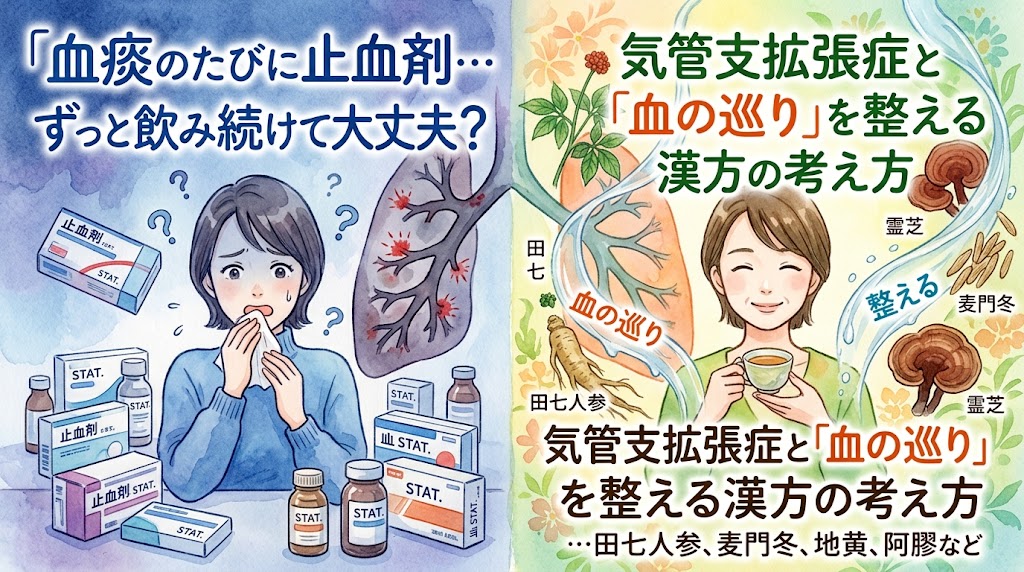 水彩画調のサムネイル画像。左側は青い背景で、ティッシュを口元に当てて不安そうな女性、赤い斑点がある肺のイラスト、山積みの止血剤の箱や瓶が描かれ、「『血痰のたびに止血剤…ずっと飲み続けて大丈夫？』」と書かれています。右側は明るい緑色の背景で、穏やかな表情で漢方茶を飲む女性、健康的な肺、田七人参や霊芝などの生薬のイラストが配置され、「気管支拡張症と『血の巡り』を整える 漢方の考え方 …田七人参、麦門冬、地黄、阿膠など」と書かれています。