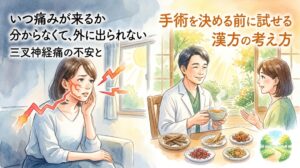 三叉神経痛への漢方アプローチを解説する動画のサムネイル画像。左側には、頬から顎にかけて走る鋭い痛み（赤い稲妻）に怯え、不安そうに顔を押さえる女性のイラストが薄暗いトーンで描かれています。対照的に右側は、明るい日差しが差し込む温かい部屋で、笑顔の医師が患者に漢方薬のお茶を勧めている様子が描かれています。手前のテーブルには数種類の生薬が並べられています。画像内には「いつ痛みが来るか分からなくて、外に出られない 三叉神経痛の不安と」「手術を決める前に試せる漢方の考え方」というテキストが配置されており、不安から安心へと向かう様子が優しい水彩画で表現されています。