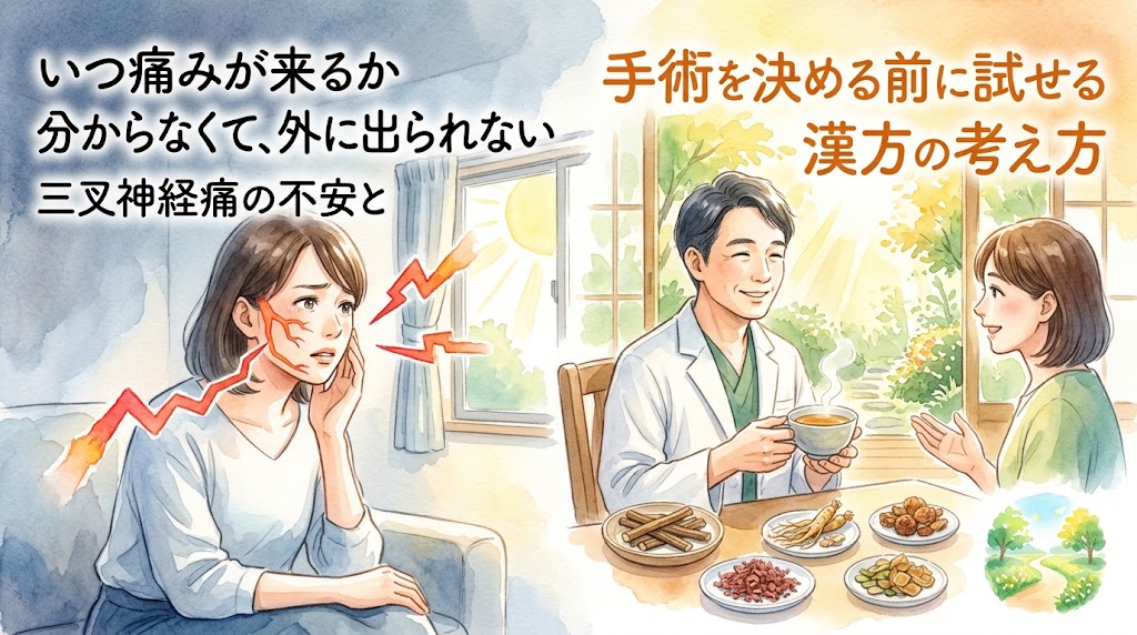 三叉神経痛への漢方アプローチを解説する動画のサムネイル画像。左側には、頬から顎にかけて走る鋭い痛み（赤い稲妻）に怯え、不安そうに顔を押さえる女性のイラストが薄暗いトーンで描かれています。対照的に右側は、明るい日差しが差し込む温かい部屋で、笑顔の医師が患者に漢方薬のお茶を勧めている様子が描かれています。手前のテーブルには数種類の生薬が並べられています。画像内には「いつ痛みが来るか分からなくて、外に出られない 三叉神経痛の不安と」「手術を決める前に試せる漢方の考え方」というテキストが配置されており、不安から安心へと向かう様子が優しい水彩画で表現されています。
