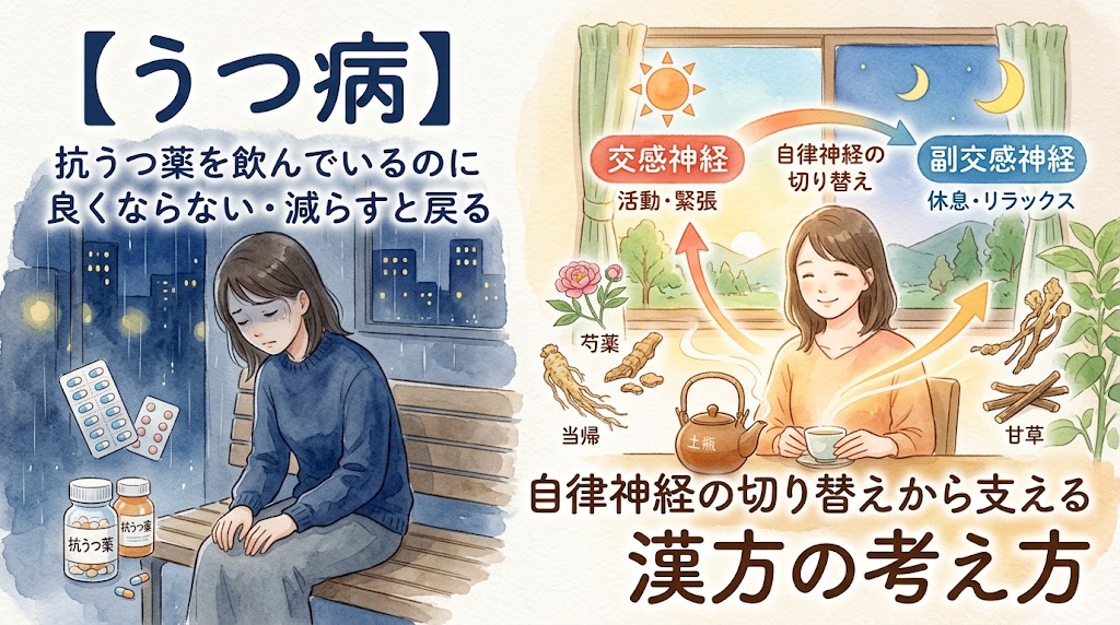 水彩画風のサムネイル。「【うつ病】抗うつ薬を飲んでいるのに良くならない・減らすと戻る」というテキストと共に、夜の窓辺でふさぎ込んでいる女性と抗うつ薬のイラスト。右側には「自律神経の切り替えから支える漢方の考え方」というテキストと、穏やかな表情でお茶を飲む女性が描かれている。上部には太陽と月のアイコンで「交感神経（活動・緊張）」と「副交感神経（休息・リラックス）」の切り替えが示され、当帰や芍薬などの生薬と漢方の土瓶が配置されている。