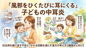 子どもの中耳炎と漢方によるアプローチをテーマにした、温かみのある水彩画風のサムネイル画像。上部には「『風邪をひくたびに耳にくる』子どもの中耳炎——抗生剤を繰り返す不安と」というタイトルテキスト。画像は中央で分割され、左側には泣きじゃくり耳を押さえて痛がる小さな子どもと、その子を心配そうな表情で抱きかかえる母親、「また風邪で耳が痛い…」「抗生剤を繰り返して大丈夫?」と書かれた吹き出し、抗生剤の瓶や体温計、冷たい青色の不安を表現した背景。右側には「かかる回数を減らす漢方の考え方【親御さん向け】」というタイトルテキスト、穏やかで明るい笑顔で遊ぶ親子、シナモン、ショウガ、ハスなどの和漢生薬、煎じた漢方薬の茶碗、気の流れ、水の循環、明るい日差しの健康的な背景が描かれている。中央下部には「漢方で「気」「水」「血」のバランスを整える」というサブタイトルテキストがある。