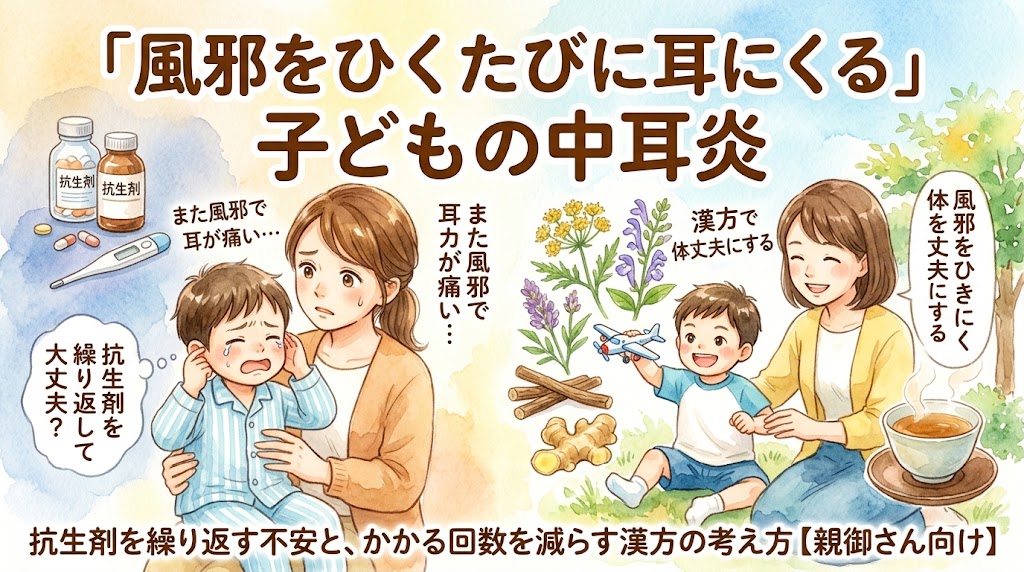 子どもの中耳炎と漢方によるアプローチをテーマにした、温かみのある水彩画風のサムネイル画像。上部には「『風邪をひくたびに耳にくる』子どもの中耳炎——抗生剤を繰り返す不安と」というタイトルテキスト。画像は中央で分割され、左側には泣きじゃくり耳を押さえて痛がる小さな子どもと、その子を心配そうな表情で抱きかかえる母親、「また風邪で耳が痛い…」「抗生剤を繰り返して大丈夫?」と書かれた吹き出し、抗生剤の瓶や体温計、冷たい青色の不安を表現した背景。右側には「かかる回数を減らす漢方の考え方【親御さん向け】」というタイトルテキスト、穏やかで明るい笑顔で遊ぶ親子、シナモン、ショウガ、ハスなどの和漢生薬、煎じた漢方薬の茶碗、気の流れ、水の循環、明るい日差しの健康的な背景が描かれている。中央下部には「漢方で「気」「水」「血」のバランスを整える」というサブタイトルテキストがある。