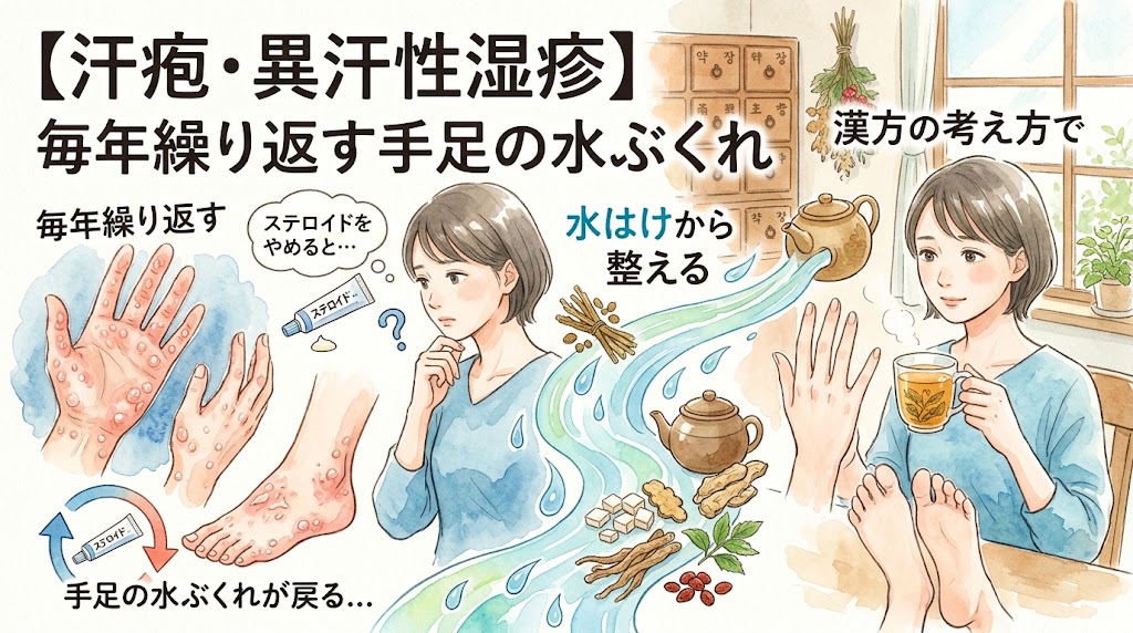 「【汗疱・異汗性湿疹】毎年繰り返す手足の水ぶくれ 漢方の考え方で水はけから整える」というタイトル文字。水ぶくれのある手足とステロイド剤を見て悩む女性に対し、水の巡りのイメージ、お茶を飲む女性、薬箪笥や生薬が水彩画風に描かれています。