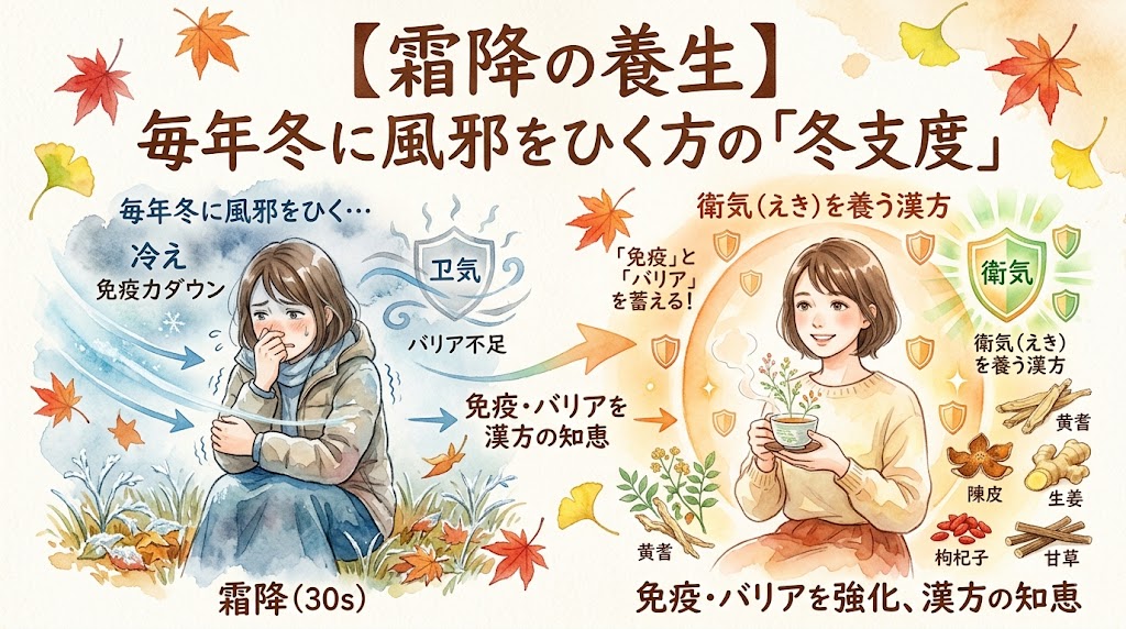 「【霜降の養生】毎年冬に風邪をひく方の『冬支度』」をテーマにした水彩画風のサムネイル画像。左側には冷たい風の中でうずくまり、冷えや免疫力低下に悩む女性の姿。右側には黄耆（おうぎ）や生姜などの漢方を取り入れ、光るシールドのような「衛気（えき）」のバリアに守られて温かいお茶を飲む笑顔の女性が対比して描かれています。