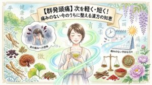 「【群発頭痛】次を軽く・短く！ 痛みのない今のうちに整える漢方の知恵」というタイトル文字。穏やかな表情でお茶を飲む女性を中心に、過去の激しい頭痛を恐れるイメージや、カレンダー、天秤、様々な漢方生薬が水彩画風の優しいタッチで描かれています。