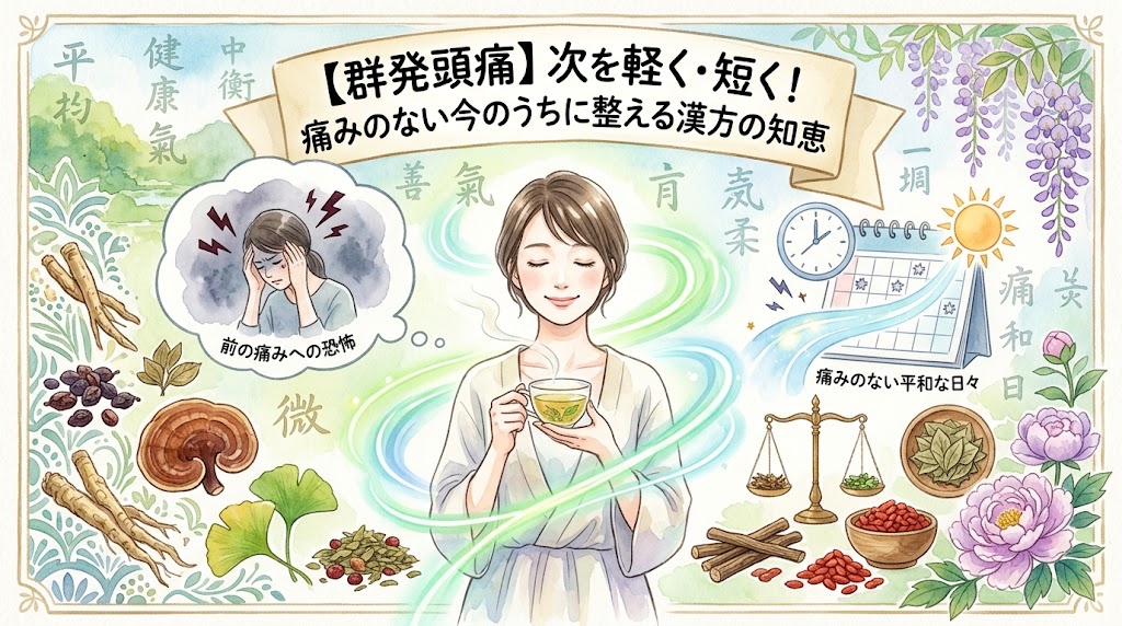 「【群発頭痛】次を軽く・短く! 痛みのない今のうちに整える漢方の知恵」というタイトル文字。穏やかな表情でお茶を飲む女性を中心に、過去の激しい頭痛を恐れるイメージや、カレンダー、天秤、様々な漢方生薬が水彩画風の優しいタッチで描かれています。