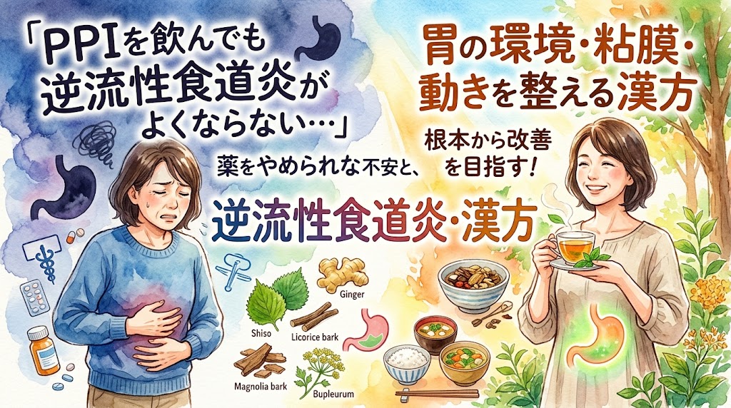 水彩画調のサムネイル画像。左側は青い背景で、胃を押さえてつらそうな女性と、酸が逆流している胃のイラスト、薬のボトルが描かれ、「『PPIを飲んでも逆流性食道炎がよくならない…』薬をやめられない不安と、」と書かれています。右側は明るい木漏れ日の背景で、笑顔で漢方茶を持つ女性、健康的な胃のイラスト、生姜やシソなどの生薬、温かい和食が描かれ、「胃の環境・粘膜・動きを整える漢方 根本から改善を目指す！逆流性食道炎・漢方」と書かれています。