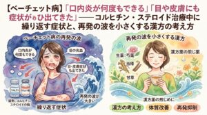 ベーチェット病の悩みをテーマにした水彩画風サムネイル。左側には口内炎や皮膚症状、再発の波に苦しむ女性、右側には漢方を取り入れて症状が落ち着き、リラックスしてお茶を飲む女性が描かれています。「口内炎が何度もできる」「繰り返す症状と、再発の波を小さくする漢方の考え方」などのテキストが配置されています。