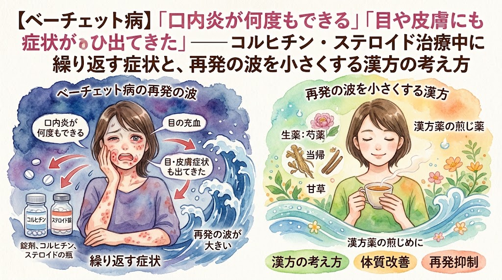 ベーチェット病の悩みをテーマにした水彩画風サムネイル。左側には口内炎や皮膚症状、再発の波に苦しむ女性、右側には漢方を取り入れて症状が落ち着き、リラックスしてお茶を飲む女性が描かれています。「口内炎が何度もできる」「繰り返す症状と、再発の波を小さくする漢方の考え方」などのテキストが配置されています。