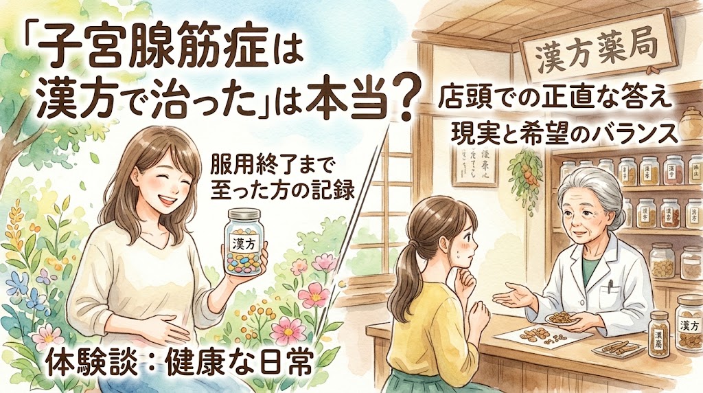 「『子宮腺筋症は漢方で治った』は本当？——服用終了まで至った方の記録と、店頭での正直な答え」というタイトル文字と、女性の健康や漢方相談をイメージさせる温かみのある水彩画イラスト。