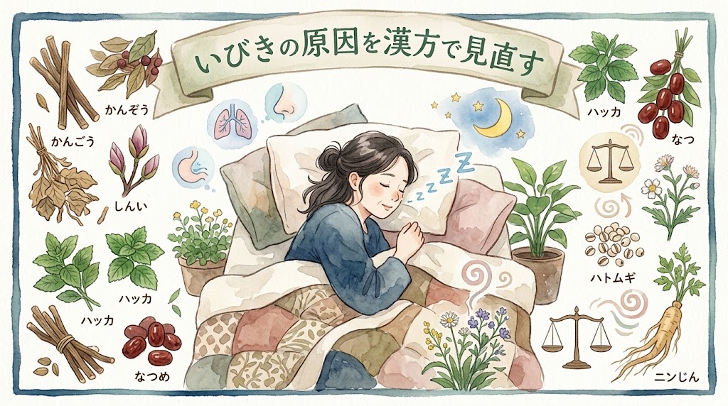 「いびきの原因を漢方で見直す」のサムネイル画像。ベッドで穏やかに眠る女性の周りに、鼻・ストレス・体重などの原因を示すアイコンと、さまざまな漢方生薬が水彩画タッチで描かれています。