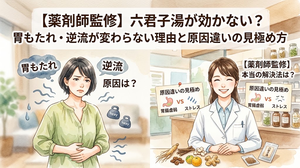 左右に分割された水彩画風のイラストで構成されています。 左側には、短髪の女性が苦しそうな表情で胃のあたりを押さえ、「胃もたれ」「逆流」「原因は?」と悩む姿が描かれています。彼女の周囲には汗やもやもやとした不快感があり、胃の部分には「heay」(重い)と書かれたケトルベルのような重りが2つ、鎖で繋がれています。 右側には、笑顔で信頼できる印象の女性薬剤師が白衣を着てカウンターに座り、彼女の前には生薬(高麗人参、陳皮、生姜、茯苓など)と「六君子湯」の小袋が並んでいます。 薬剤師の周囲には「【薬剤師監修】本当の解決法は?」という吹き出しと、「原因違いの見極め」として「胃腸虚弱(胃のイラスト)」VS「ストレス(燃えるようなアイコン、または泣いている顔付きの燃えるアイコン)」を対比させる図解が左右のボードに配置されています。 上部にはメインタイトルが大きく表示されており、画像全体で、六君子湯の効果が出ない理由を、胃腸虚弱かストレスかといった「原因の違い」という観点から薬剤師が解説することを伝えています。